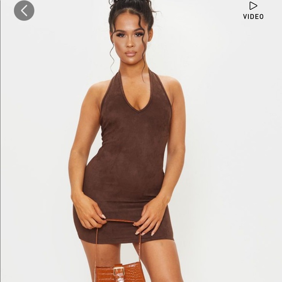 Brown Faux Suede Halterneck Bodycon Dress - Picture 1 of 2